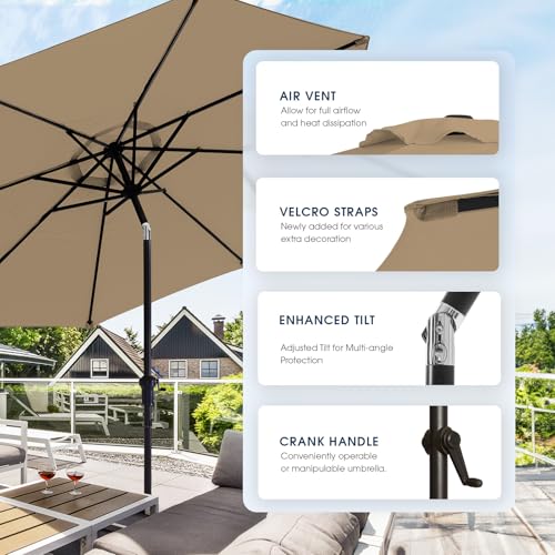 wikiwiki 9FT Patio Umbrella with Base, Outdoor Umbrellas with Base Included, 8 Sturdy Ribs, Waterproof Fade Resistant POLYESTER DTY Canopy for Deck, Lawn, Garden, Backyard & Pool, Tan
