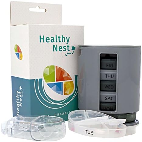 Healthy Nest 7-Day Pill Organizer Box with Splitter Cutter (AM/PM) Daily, Weekly Organization | 4 Times A Day | Multiple Storage Compartments | Portable Travel Use | Store Vitamins, Supplements