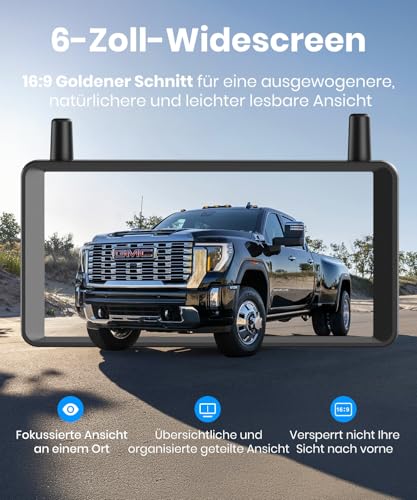 AUTO-VOX Dual Reversing Camera Wireless Solar: 6 Inch 16:9 HD Display, Two Antennas Strong Signal, Split Screen Display with Balanced Double Images, Suitable for Cars, SUVs, Trucks, Trailers