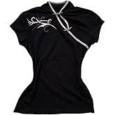 Women's Retro Chinese Style Cheongsam Top Summer Black Jacquard Short Sleeve Button Blouse T-Shirt