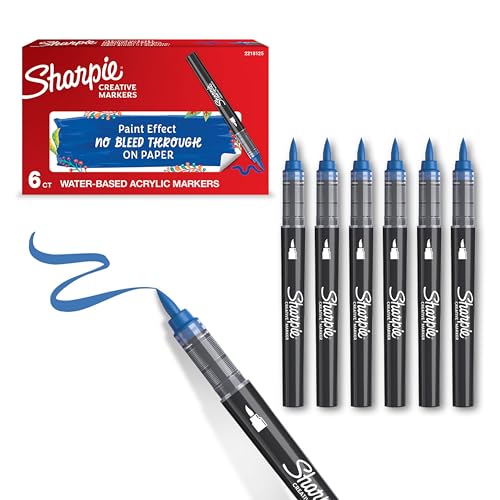 Sharpie Creative Marker Acrylic Paint Pens | Brush Tip Water-Based Paint Markers | Blue | No-Bleed Ink Writes on Most Surfaces | Crafting & Art Supplies | 6 Count