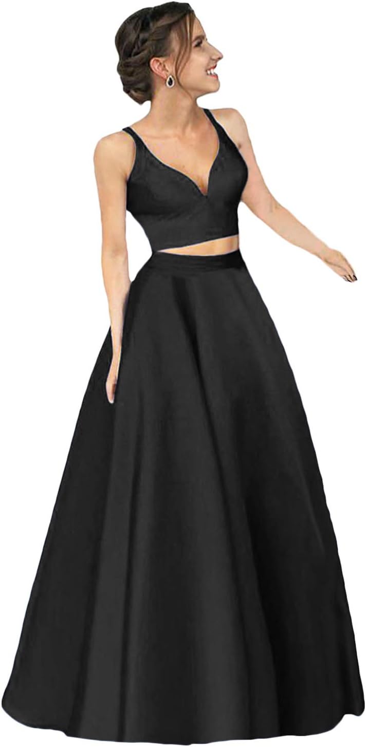 Dymaisei Women's Prom Dress V Neck Two Piece Party Dresses Long Satin Evening Formal Dresses