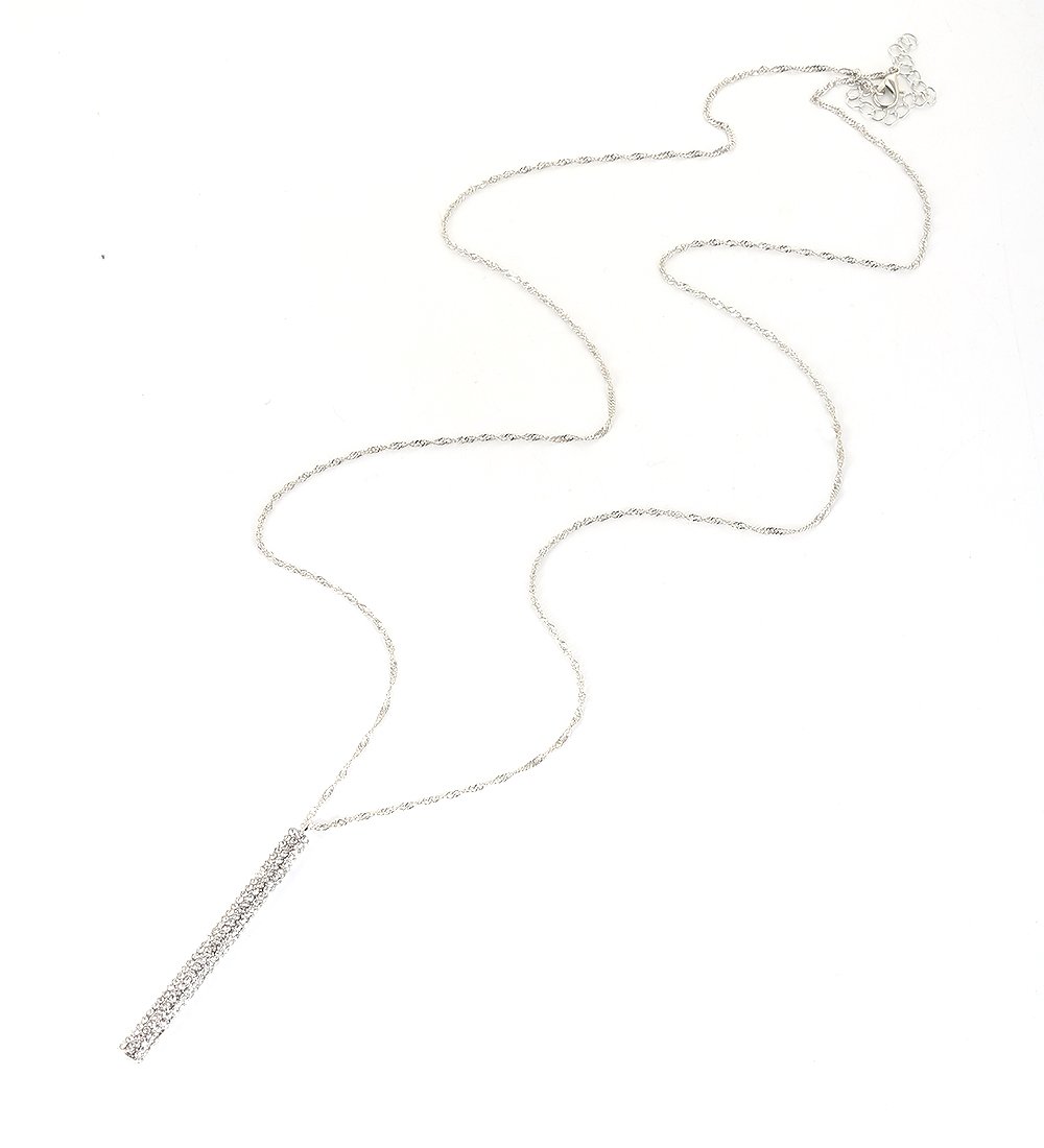 ELEARD Silver Bar Pedant Necklace Vertical Bar Drop Pedant with Crystal Paved Twist Chain Long Necklace