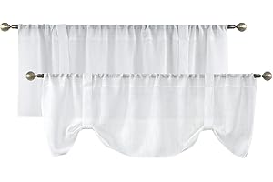 Home Queen White Tie Up Curtain Valances, Country Farmhouse Style, Semi Sheer Burlap Window Valences Topper for Kitchen, 54" W X 20" L, Set of 2