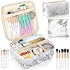 3Pcs Makeup Bags for Women, Travel Makeup Bag, Large Cosmetic Bag, Marble Makeup Bag with 10 Pcs Brushes, Makeup Case…