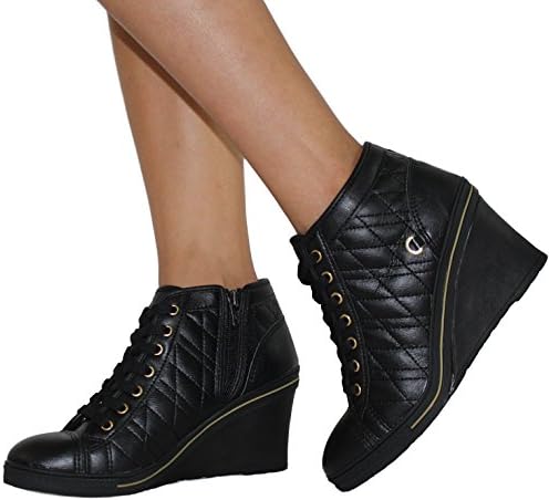 Women's Lace up High Heel Wedge High Top Side Zipper PU Leather Fashion Party Sneakers MultiShoe (7.5 US Women, Black)