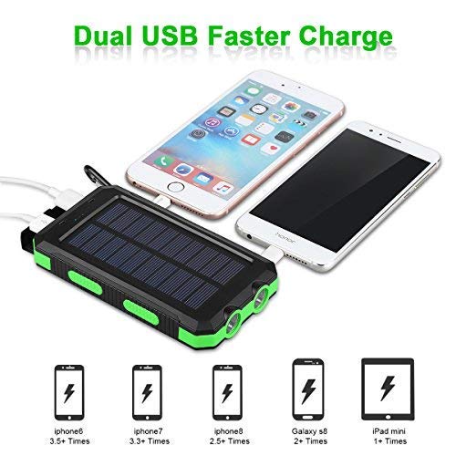 FLOUREON 10000mAh Power Bank with Solar Charging Portable Mobile Phone Charger Dual 2.1A USB Output Waterproof External Battery Replacement for iPhone iPad Samsung Galaxy Android