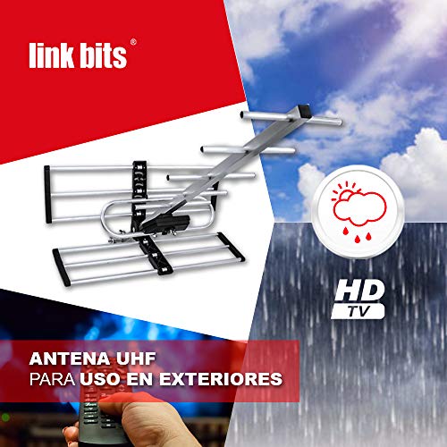 LINK BITS HD001 Antena Exterior aérea HDTV de Largo Alcance, Alcance Amplificado, 12 Elementos, Alta definición, (fácil de Instalar).