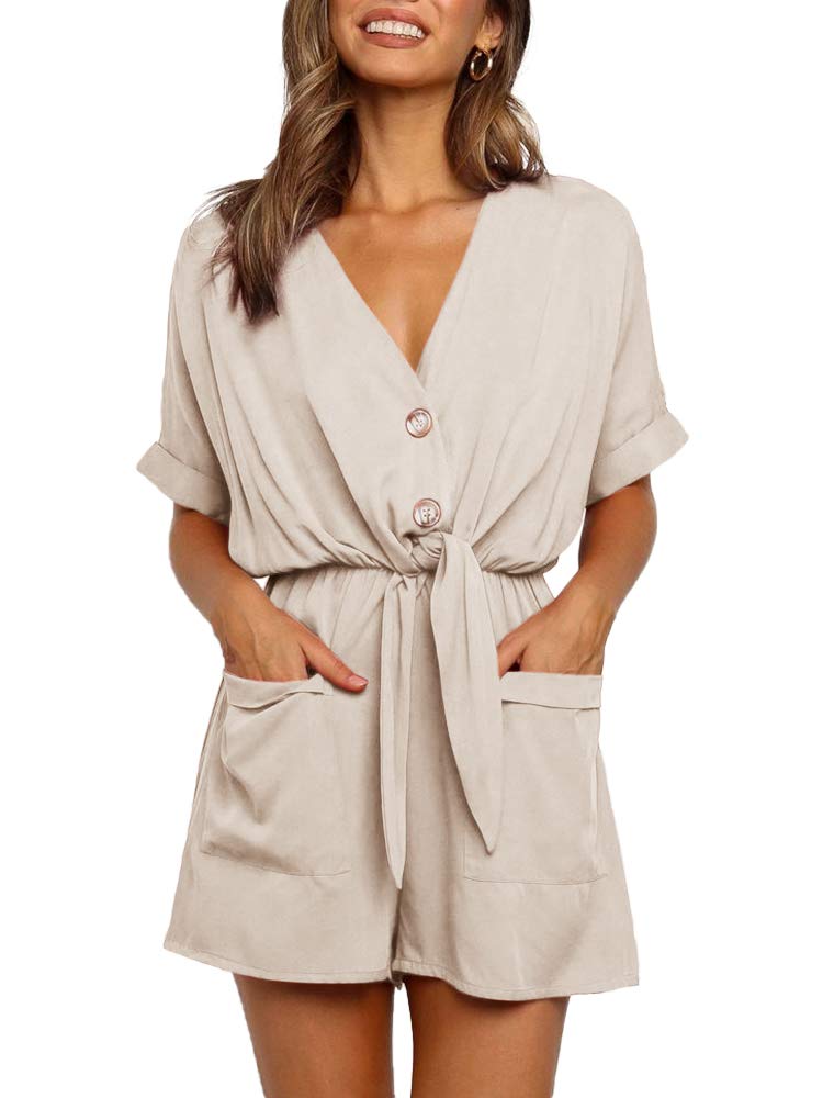 Photo 1 of *small* Ivay Womens V Neck Button Rompers Knot Tie Short Sleeve Sexy Loose Playsuit Jumpsuit with Pockets small