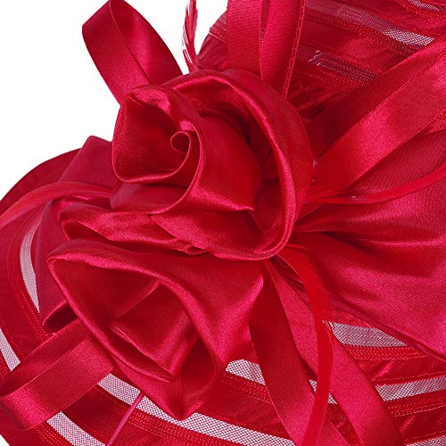 Women's Big Floral Fascinators Kentucky Derby Church Floppy Wide Brim Cloche Bowler Bucket Hat (Red)