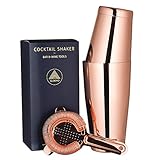Boston Cocktail Shaker, 3-Piece Bar Set: 18oz & 28oz Weighted Cocktail Shakers and Hawthorne Cocktail Strainer, 18/8 Stainless Steel Cocktail Shaker Set with Recipes and Greeting Card – Copper Plated