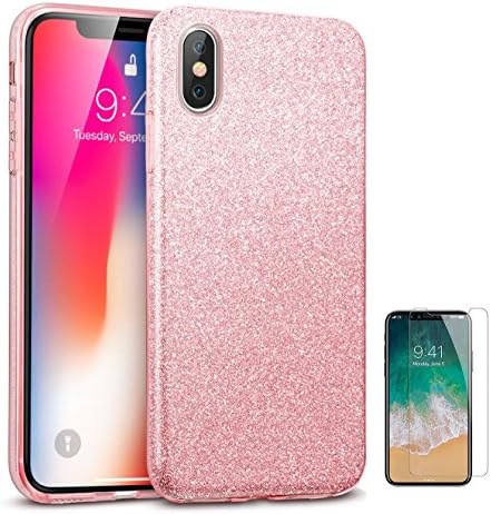 Iphone X Case Glitter Rose Gold Pink Sparkle Protective Bling Shockproof Tpu Luxury Phone Case + Screen Protector Tempered Glass 5.8"(Rose Gold Pink)