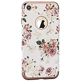 iPhone 7 Case, SwiftBox 3 in 1 Ultra Slim Electroplated Texture Flowers Hard Case for iPhone 7 with Tempered Glass Screen Protector and Owl Phone Strap (Pink Rose)