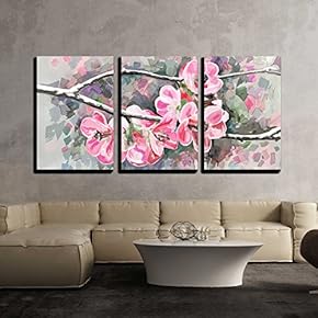 3 Piece Canvas Wall Art - Original Painting of Flower, Blooming Spring Tree, Watercolor Style, Vector Version - Modern Home Art Stretched and Framed Ready to Hang - 16"x24"x3 Panels