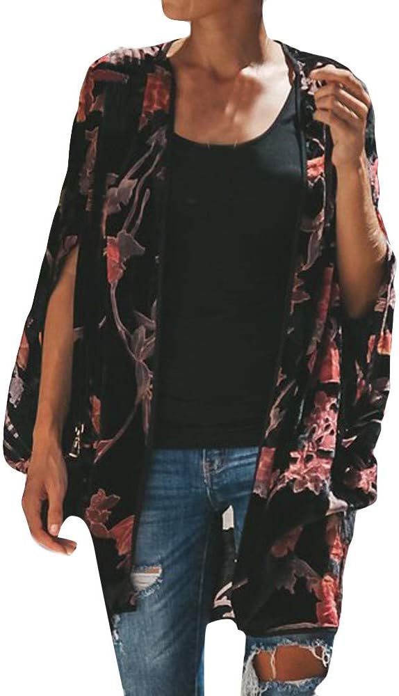 ADESHOP Girls' Outdoor Softshell Jackets, Womens Fashion Chiffon Autumn Flower Print Bats Sleeves Fashion Long Coat