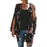 ADESHOP Girls' Outdoor Softshell Jackets, Womens Fashion Chiffon Autumn Flower Print Bats Sleeves Fashion Long Coat