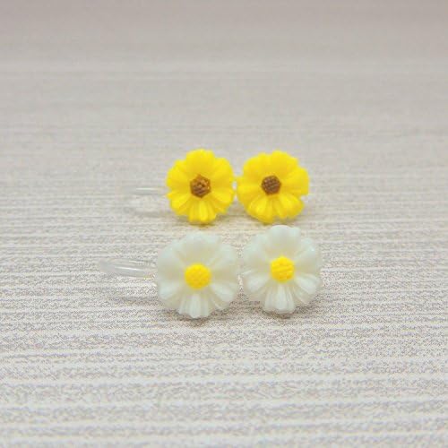 Invisible Clip On Earrings, Dainty Daisy for Non-Pierced Ears, Set of Two, White and Yellow