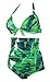 COCOSHIP Bottle Green Banana Leaf & White Print Halter High Waisted Two Piece Bikini Gorgeously Dressed Vintage Bathing Suit XXXXL(FBA)