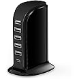 Charger Block 6 in 1 Upoy, 40W USB C Charger 3A, Charging Hub with 5 USB Ports(Shared 6A) for Multiple Electronics, USB Charging Station Multiports, Universal Desktop Phone Charger Travel Ready, Black