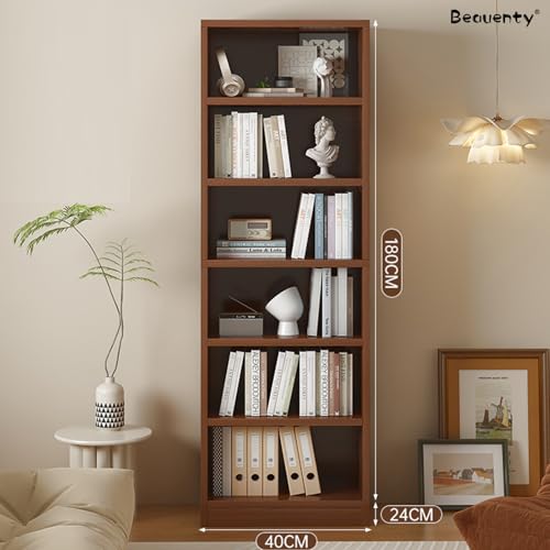 Beauenty Simple Bookshelf, 6-Tier Display Bookcase with Back Panel, Open Book Storage Shelf for Living Room, Bedroom, Home Office, Wooden Storage Shelf Unit (Walnut-40 * 24 * 180cm)