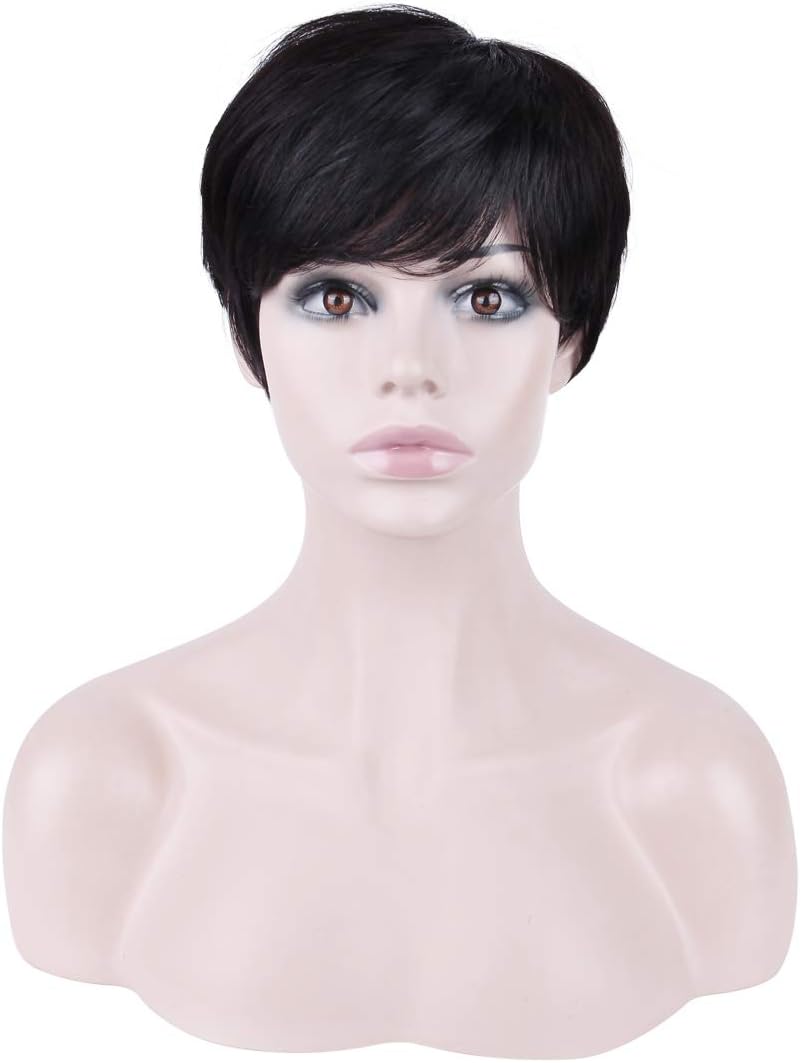 Becus Short Black Wigs for Women Brazilian Human Hair Layered Black Wig with Fringe Bangs Pixie Human Hair Daily Use (Natural Black#1B) - Image 3
