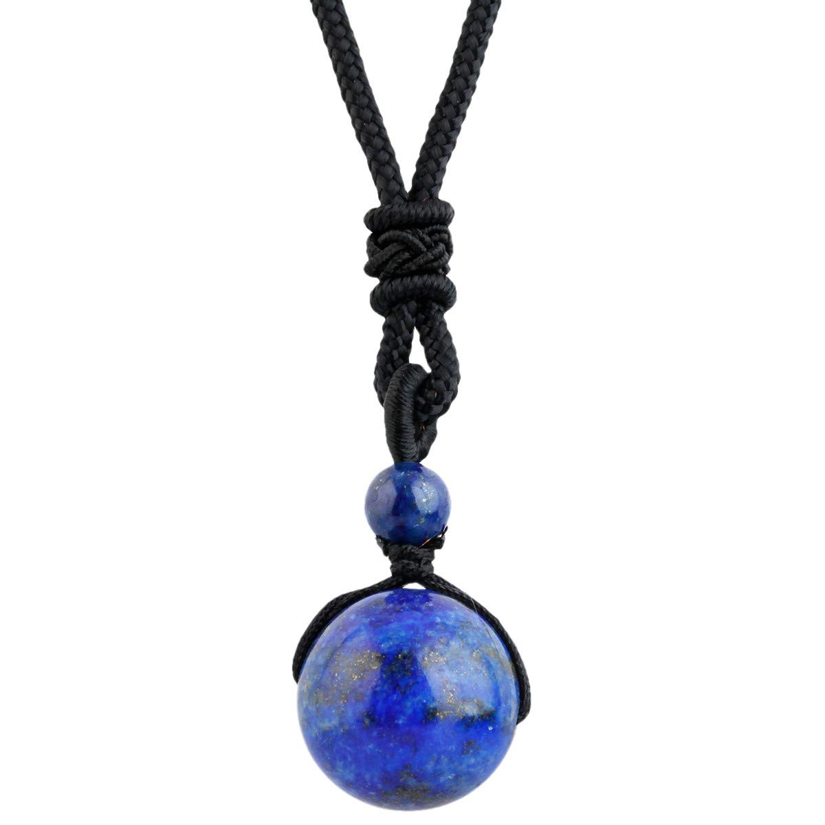 mookaitedecor Natural Blue Lapis Lazuli Healing Crystal Bead Pendant Necklace for Men Women, Round Stone Necklace Reiki Chakra Crystal Jewellery Gift Semi Precious Stone Necklace with Black Cord