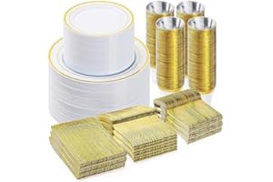 BESTVIP 600PCS Gold Dinnerware Set for 100 Guests, Plastic Plates for Party, 100 Gold Disposable Plates, 100 Dessert Plates, 100 Cups, 100 Spoons, 100 Forks and 100 Knives