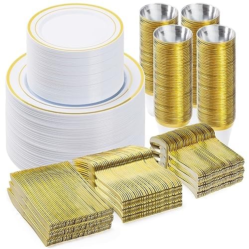 Photo 1 of **FACTORY SEALED** BESTVIP 600PCS Gold Dinnerware Set for 100 Guests, Plastic Plates for Party, 100 Gold Disposable Plates, 100 Dessert Plates, 100 Cups, 100 Spoons, 100 Forks and 100 Knives