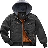 KVE Boy's Faux Leather Jacket Windproof Fleece Lined Warm Winter Coat Kids Bomber Outerwear PU Motorcycle Hooded Jacket