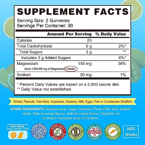 Magnesium Citrate Gummies 1363mg Per Serving - Vegan Magnesium Gummy Supplement for Kids & Adults, Supports Health Sleep, Muscle, Bone, Restless Cramps, Calm Magnesium Gummies for Women Men - 60 Bears