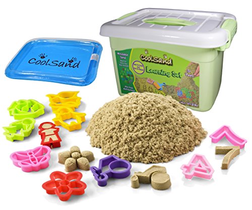 CoolSand Deluxe Bucket - Learning Edition - Set Includes: 2 Pounds Moldable Indoor Play Sand, Shaping Molds, Inflatable Sandbox & Storage Bucket - Featuring Sensory Kinetic Action