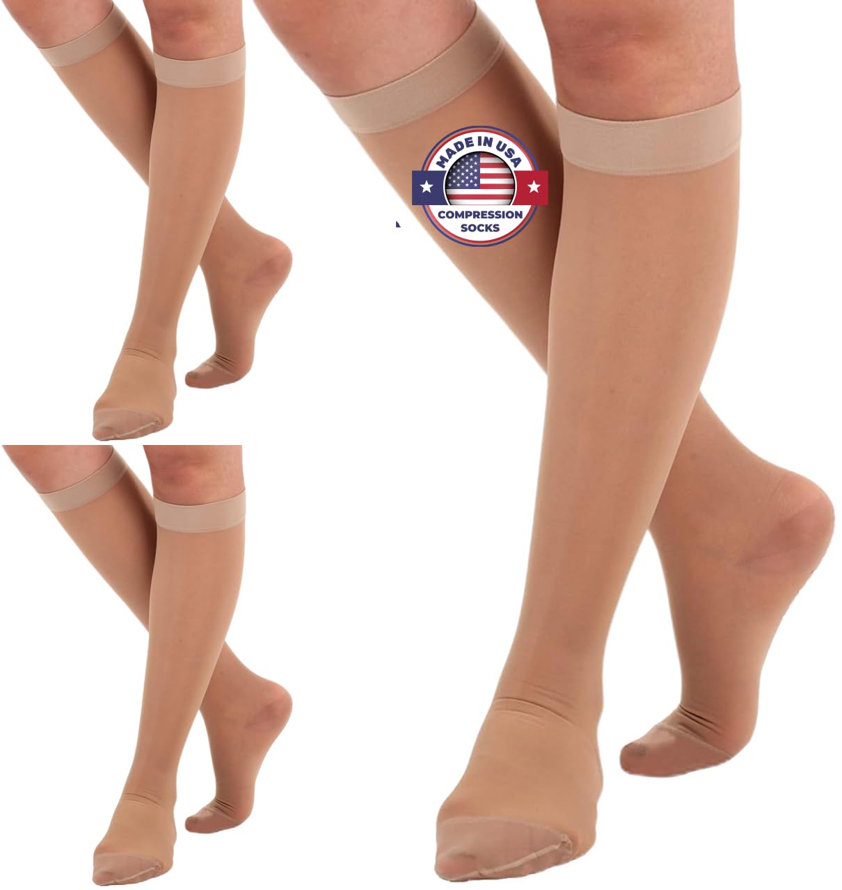 Photo 1 of (3 Pairs - Closed Toe) Made in USA - Sheer Compression Socks for Women 15-20mmHg - Compression Stockings for Varicose Veins Circulation, Thrombosis, Embolism - Natural, Small - A101NA1-3