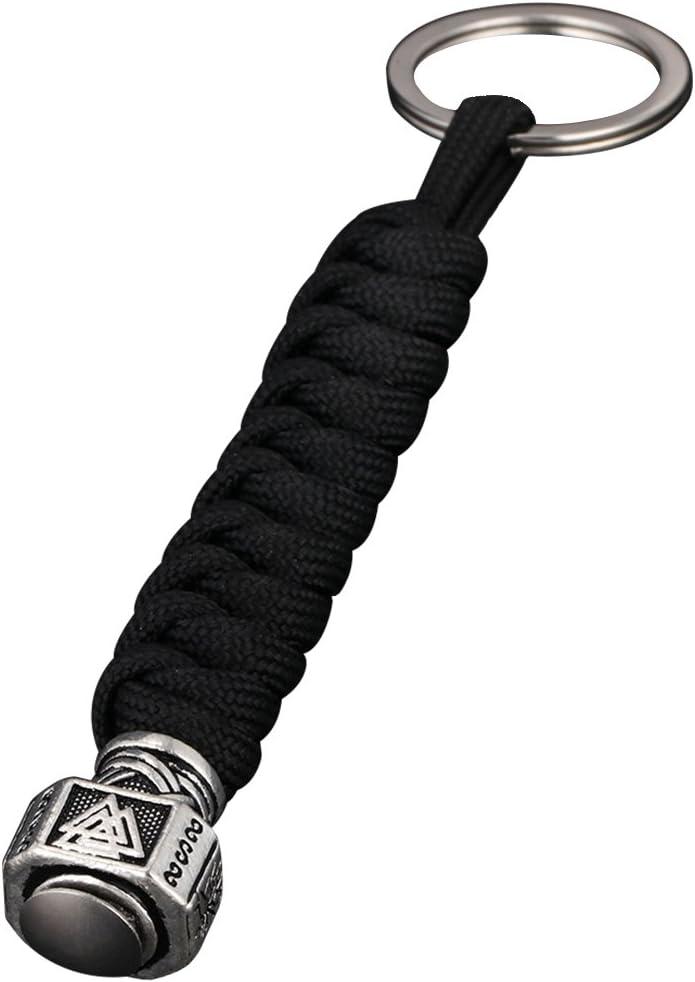 LONG7INESLONG7INES Antique Viking Thor Mjolnir Mountaineering Car Key Chain Keychain Bangle Bracelet, Vintage Mens Double-Tone Leather Keyring