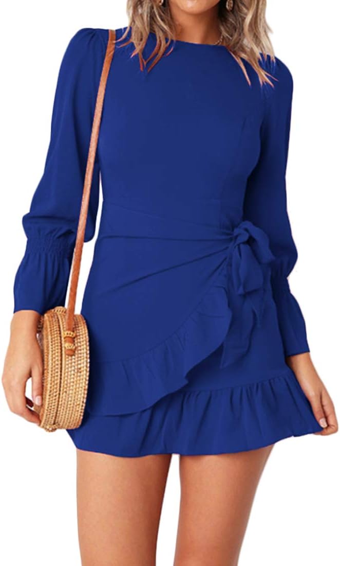 Womens Long Sleeve Round Neck Ruffles Wrap Dresses Party Dress