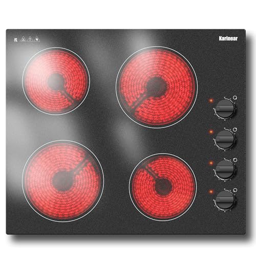 Karinear 4-burner ceramic hob, 60 cm built-in ceramic hob with rotary buttons, 4 burners 6000 W, automatic switch-off, 220 V, without socket