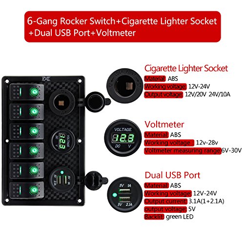FXC Waterproof Marine Boat Rocker Switch Panel 6 Gang With Dual USB Slot Socket + Cigarette Lighter + Digital Voltage Display LED Light for Car Rv Vehicles Truck (6 Gang Green Light) - Thumbnail 6