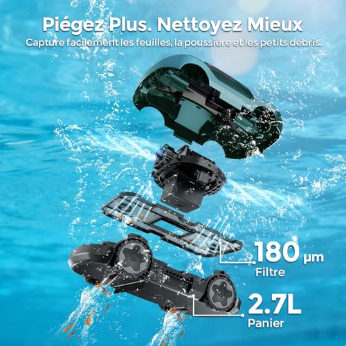 Pool Robot, Wireless Pool Vacuum Cleaner, 180 Min Autonomy, Powerful Suction, Intelligent Navigation, Ultra-Fine Filtration, Self-Parking, Wireless Pool Robot for Above Ground Pools 200 m²