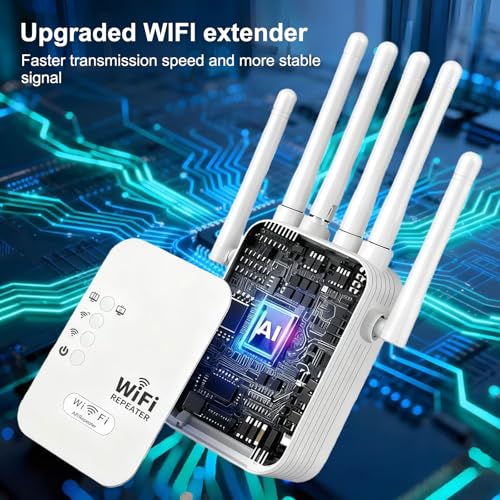 WiFi Repeater,WiFi Extender Signal Booster,1200Mbps,5G/2.4G Dual Band WiFi Extender with Ethernet Port,9800 sq ft Coverage,Supports 50+ Devices,Repeater/AP Mode,Six Antennas,WPA2,One-touch Setting