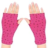 Women Black Stars Pattern Short Wrist Fingerless Gloves Mittens Fuchsia Pair