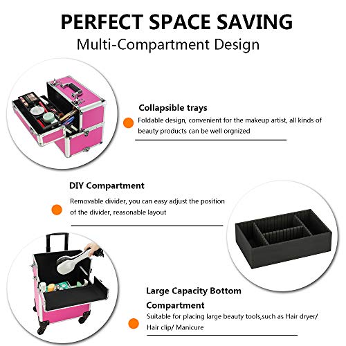 mefeir 3 in 1 Rolling Makeup Train Case, Aluminum Makeup Travel