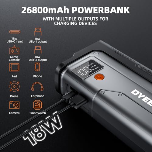 Dyeetic 6000A Jump Starter, 12V Car Battery Booster Pack(All Gas and 12.0L Diesel Engine)，26800mAh Car Starter Smart Jumper Cables, Portable Power Bank with USB QC3.0，800LM Flashlight