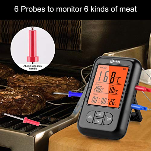 Wireless Meat Thermometer, Te-Rich Bluetooth Digital Food Grill Thermometer [Oven Safe/Timer/App Connected/] with 6 Temperature Probe for Smoker Grilling BBQ Turkey Kitchen Cooking Thermometer - Thumbnail 3