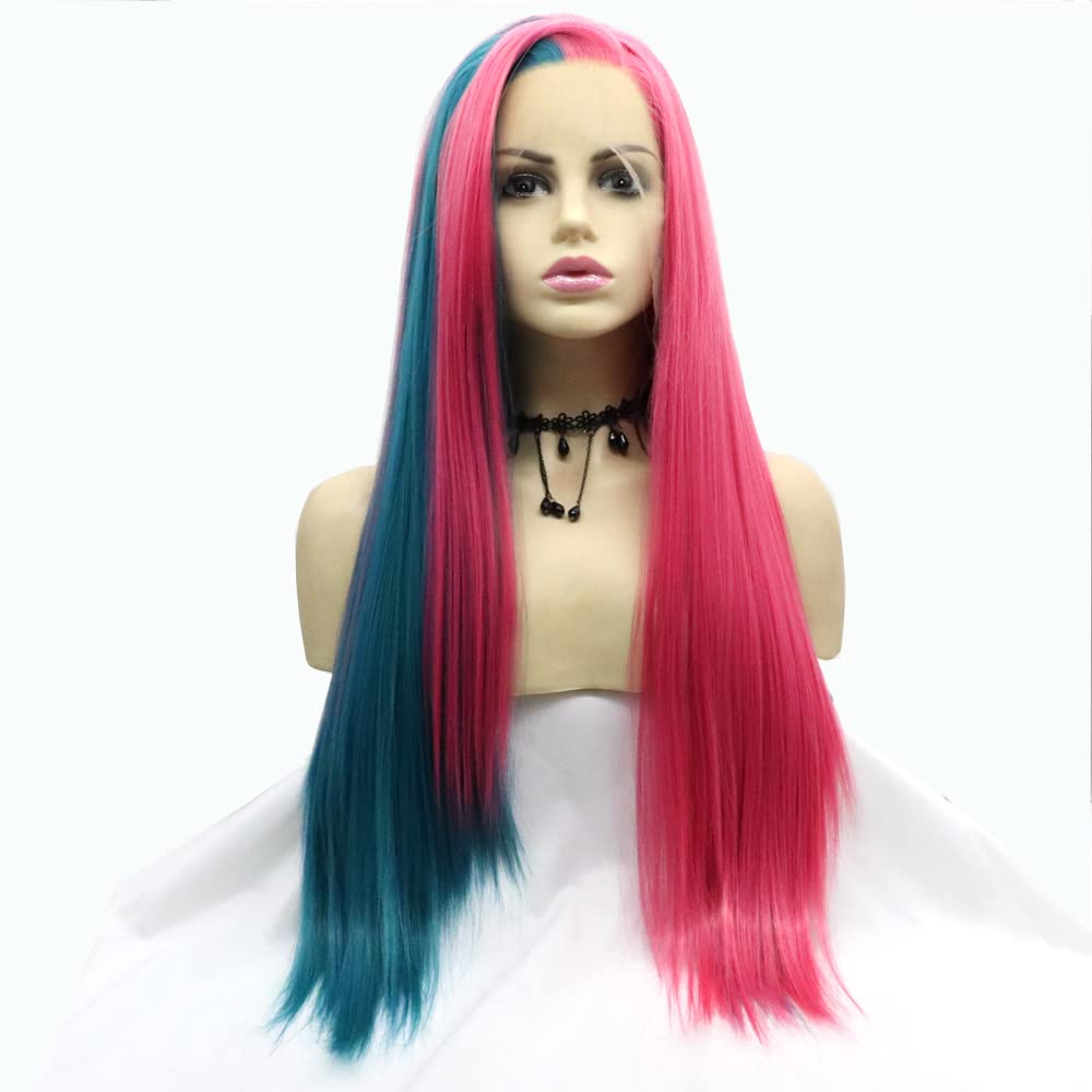 Xiweiya Rose Red Mix Green Wig Highlight Multi Color Synthetic Lace Front Wig Stright Light Lace Front Wig with Side Part Heat Resistant Fiber Hair for Women 24inch