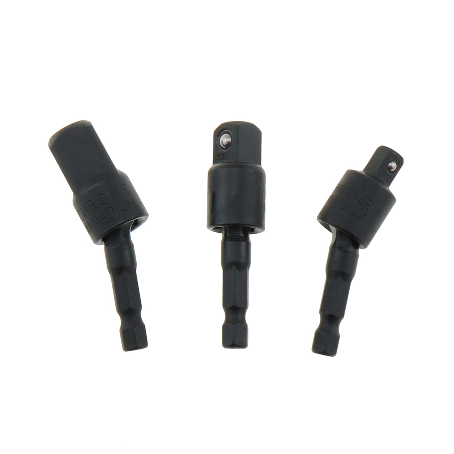 Photo 1 of DGZZI 3PCS Swing Socket Adapter Black Universal Joint Hex Shank to Square Socket 1/4/ Inch 3/8 Inch 1/2 Inch Each Suitable for Quick Change Adapter and Extension and Drill Chuck
