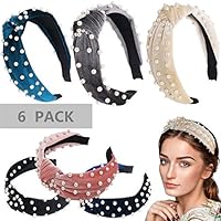 ForTomorrow 6 Pack Velvet Wide Pearl Headbands Twist Knot Turban Headband Vintage Retro Hairband with Faux Pearl Fashion Hair Hoops for Women and Girls (Black,White,Pink,Grey,Blue,Navy)