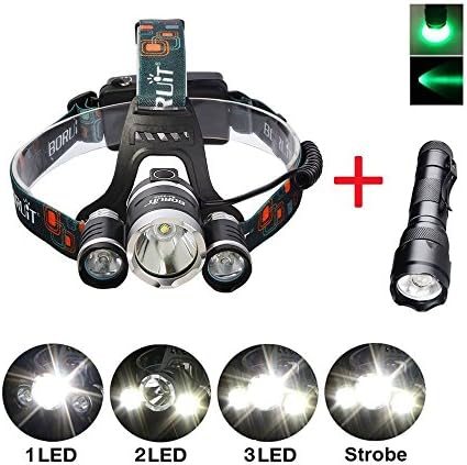 PRO 4 Modes 3X CREE XML T6 LED Beam Headlamp Headlight Head Lamp Light and 1 Flashlight Torch for Outdoor Sports Hiking Camping Riding Fishing Hunting (With 2 X 18650+2 chargers + one free torch gift