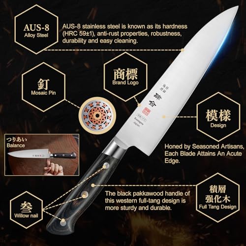 kanngou Chef Knife Set 3PCS Kitchen Knives with Japanese AUS-8 Alloy Steel, Japanese Knife Set with Full-Tang Pakkawood Handle and Premium Gift Box (Classic Series)