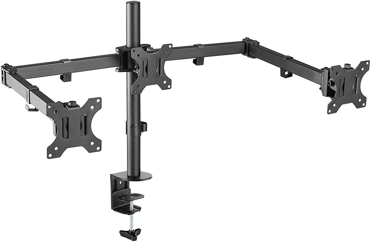 AVLT Triple 27" Monitor Desk Stand - Mount Three 15.4 lbs Computer Monitors on 3 Articulating Adjustable Arms - Organize Your Work Surface with Ergonomic Viewing Angle VESA Monitor Mount