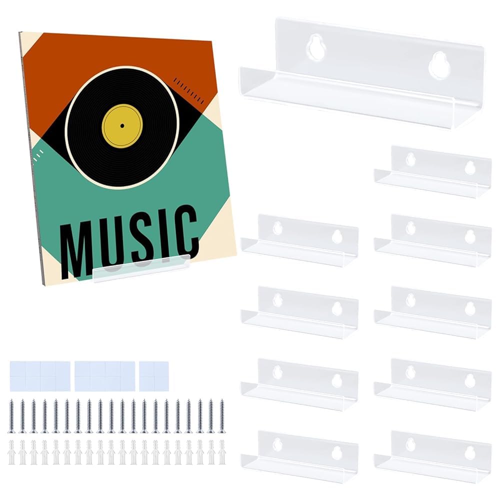 BigKing 10PCS Vinyl Record Shelf Wall Mount, Clear Acrylic Album Record Holder, Record Wall Display, Floating Shelf for Living Room, Bedroom Kitchen Bathroom Office
