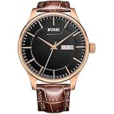 BUREI Men's Simple Classic Wrist Watches Date Day Calendar Brown Calfskin Leather with Black Dial